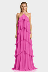 Barbie Pink Layered Ruffle Chiffon Gown