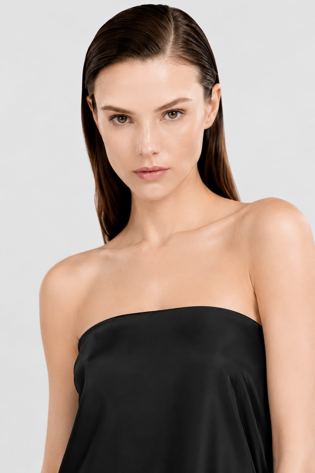 Black Strapless Column Maxi Dress in Premium Satin