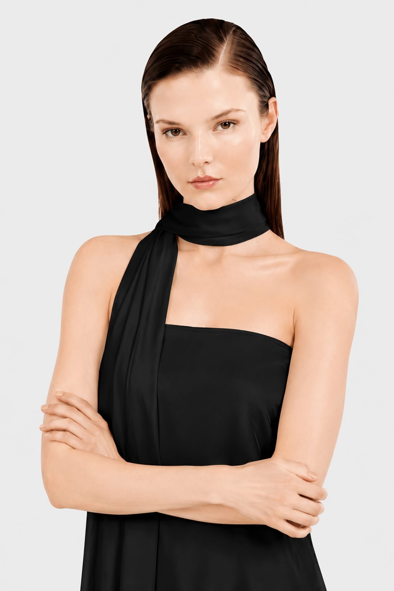 Black Strapless Column Maxi Dress in Premium Satin