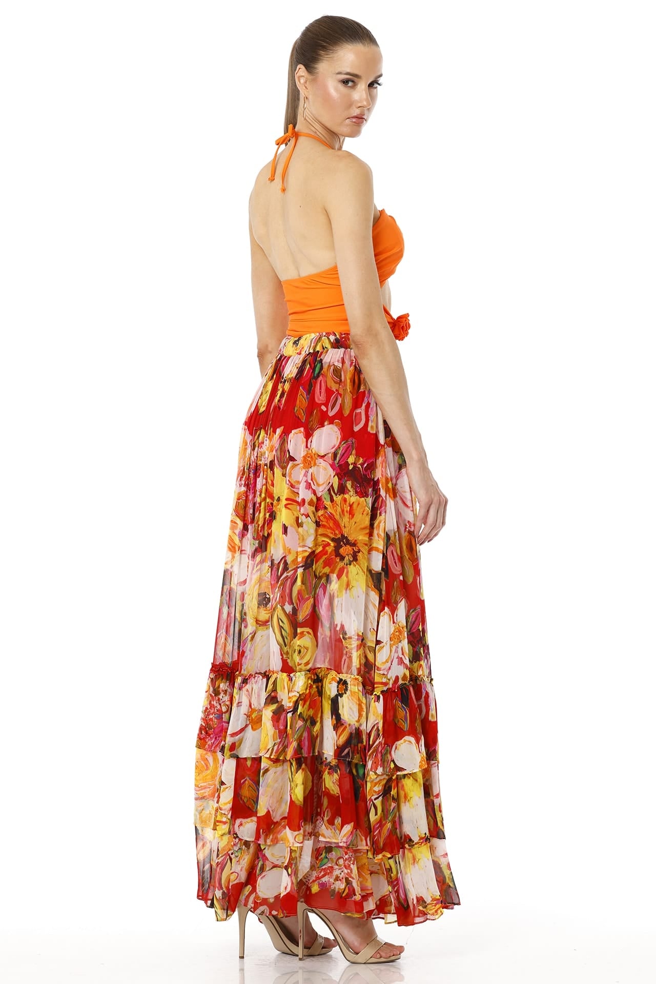 Aello Long Floral Printed Tiered Maxi Skirt