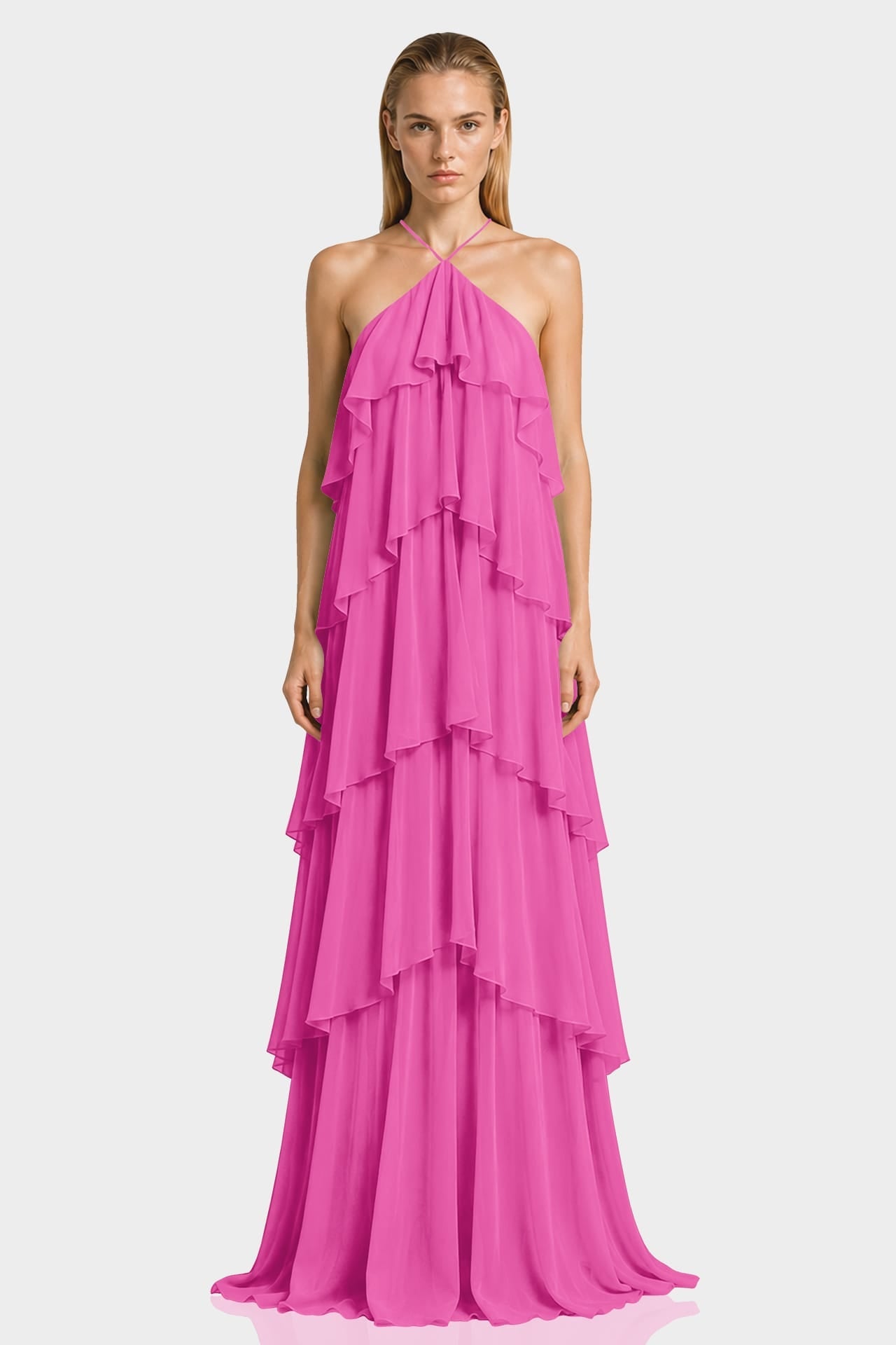 Barbie Pink Layered Ruffle Chiffon Gown