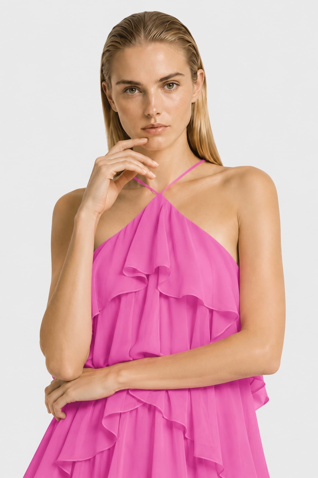 Barbie Pink Layered Ruffle Chiffon Gown