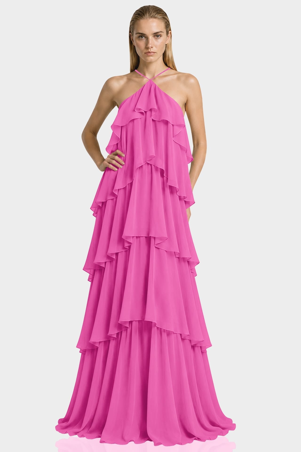 Barbie Pink Layered Ruffle Chiffon Gown