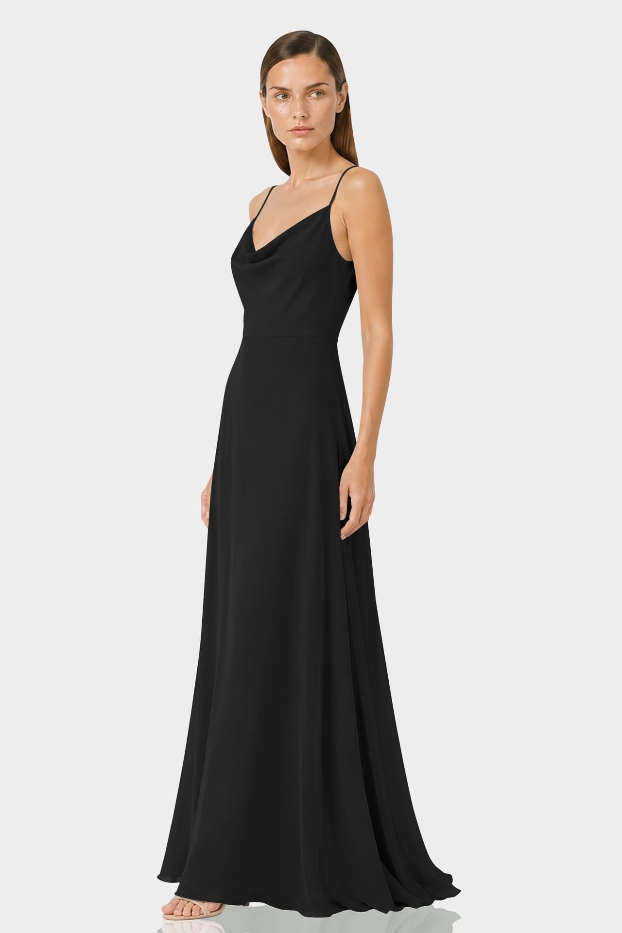 Black Cowl Neck Floor-Length A-Line Wedding Guest Gown