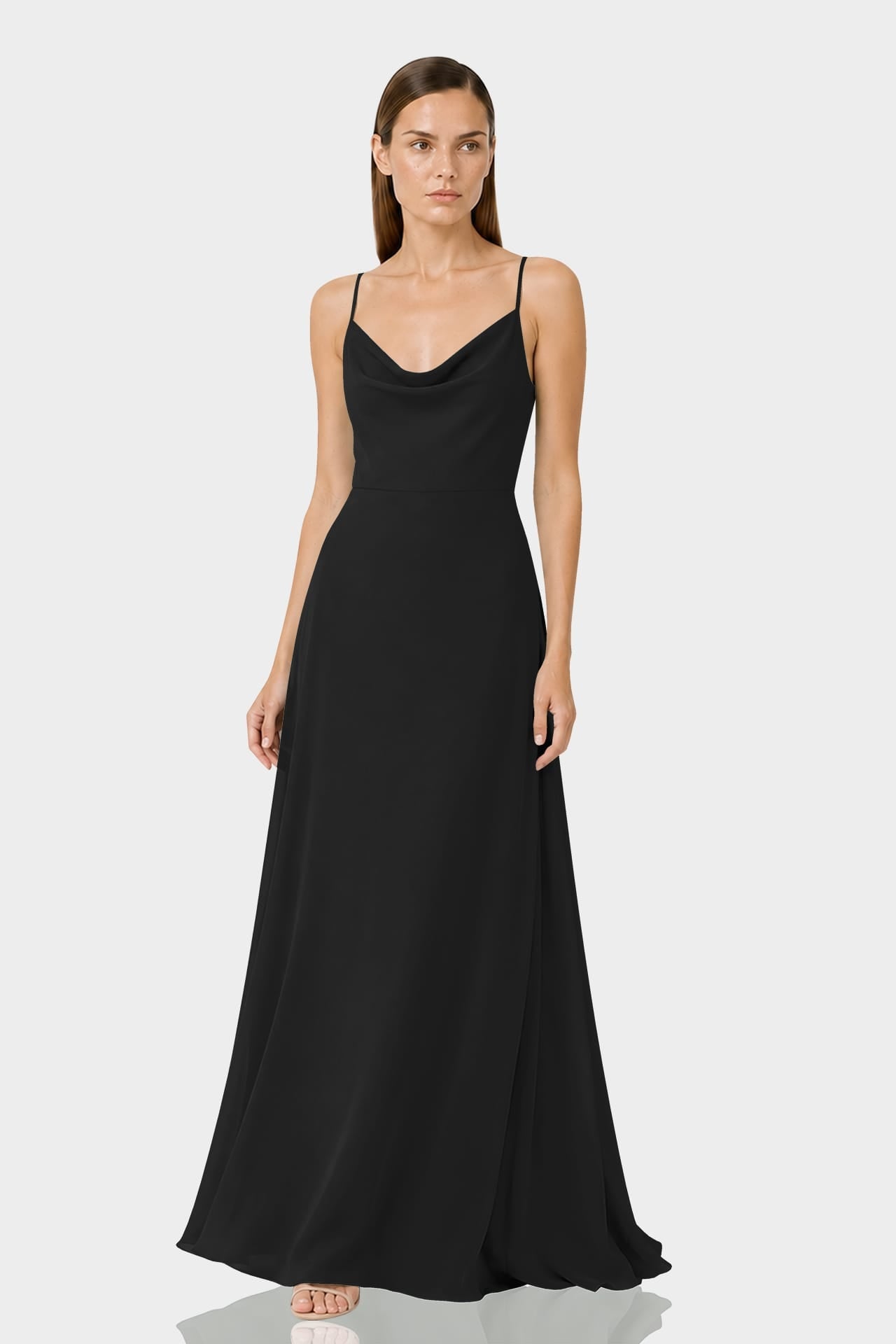 Black Cowl Neck Floor-Length A-Line Wedding Guest Gown