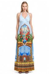 Blue Halter Neck Printed Dress